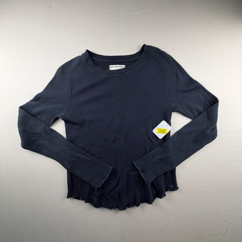We The Free Free People Thermal Top Women Med Grey Waffle Knit Lettuce Edge 250